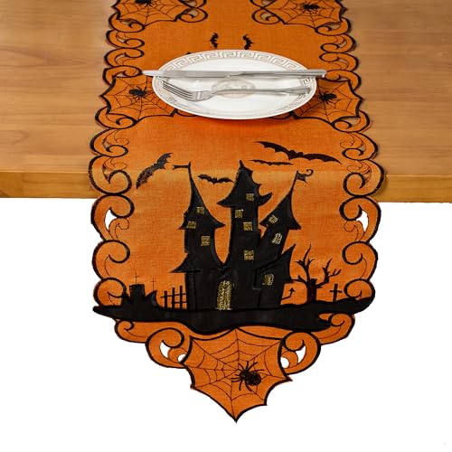 Halloween Table Runner 13x69 Inch Embroidered Spooky Bats & Spiders Decor