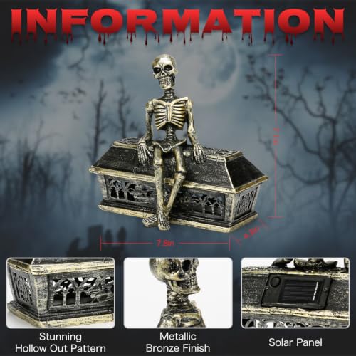 Solar Halloween Garden Skeleton Statue with Light Projection - 7.1 Inches
