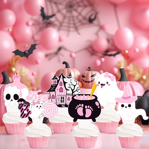 48Pcs Halloween Cupcake Toppers Set - Ghost Pumpkin Bat Party Decorations