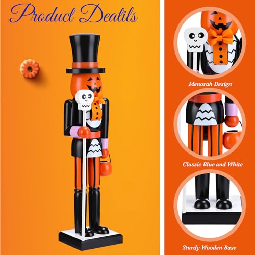 Halloween Pumpkin Nutcracker Decor - Wooden 15 Inch Orange Figurine - Pumpkin Variation