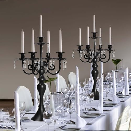 Black 20-Inch Crystal Pendant Taper Candle Holder - 5Arm Candelabra for Home Decor & Events - Variation: Black + 1