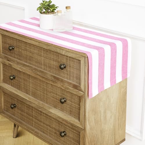Pure Linen Table Runner 14x36 Inches Pink & White Stripe - Handcrafted, Machine Washable