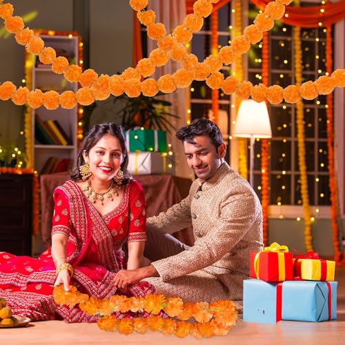 Light Orange Marigold Garland Set - 15 Strands, 5 Feet Long for Weddings Diwali & Festivals - Artificial Floral Decor