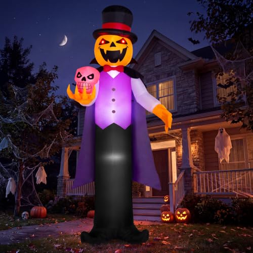 Giant Halloween Inflatable Pumpkin Ghost with Skull & Glowing LED Eyes - 12FT Yard Decoration - Multicolor