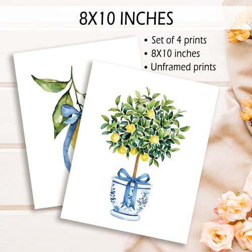 Chinoiserie Wall Art Set of 4 - Blue and White Lemon Tree Prints 8x10 Unframed