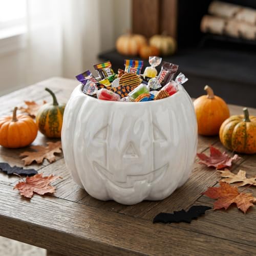 Ceramic Pumpkin Candy Bowl - White Halloween Decorative Dish, 6.5 x 4.7 in