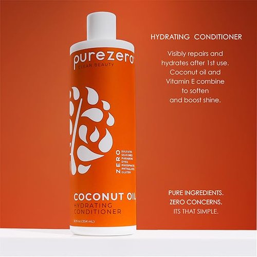 PureZero Coconut Oil Shampoo & Conditioner Set - Vegan, Hydrating Formula for Dry or Color-Treated Hair | 2 × 12 oz