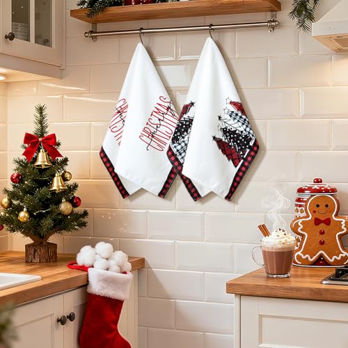 Christmas Buffalo Plaid Kitchen Towels Set of 2 - Black & Red Tree Pattern, 18x26 Inches