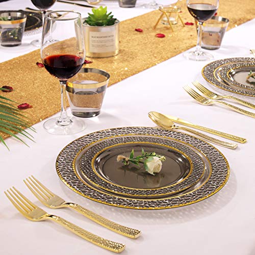 Clear Black Plastic Dinner Plate Set with Gold Silverware - 150PCS Variation
