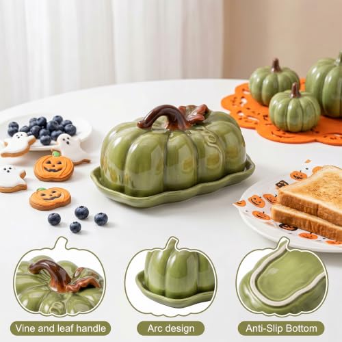 Green Pumpkin Butter Dish Set with Lid - Multi-Purpose Snack Plate for Kitchen & Holidays