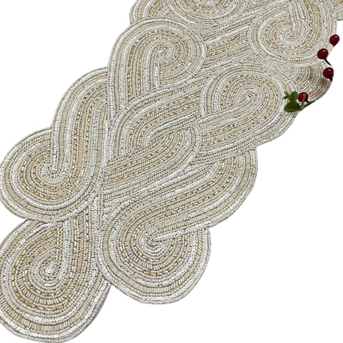 Pearl White Handmade Beaded Table Runner 13x36 Inch for Holiday & Party Decor