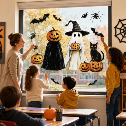 Halloween Window Clings Decor Set - Ghost, Pumpkin, Bat, Black Cat