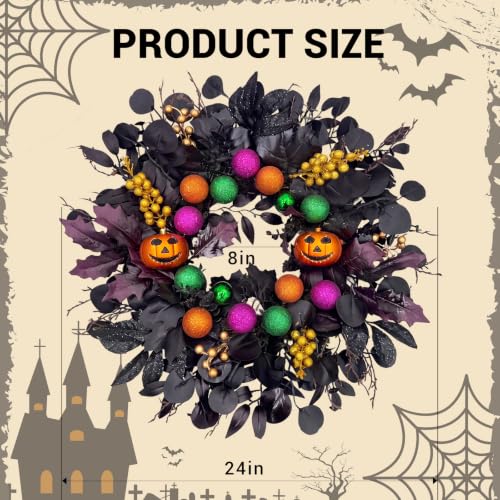 24-Inch Halloween Front Door Wreath with Pumpkins & Eucalyptus Decor