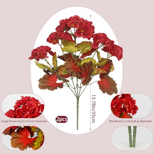 Fall Flowers Artificial Geraniums Set - Red Autumn Faux Decor, 2 Pcs