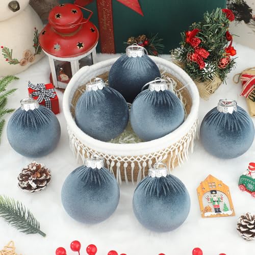 12PCS Velvet Christmas Ornaments Set - Gray Blue Flocked Plastic Holiday Balls