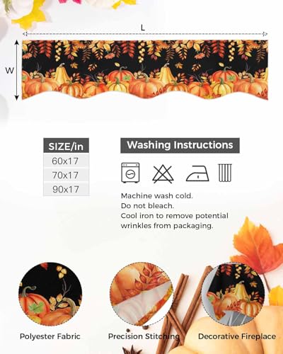 Mantel Scarf 70x17 Inch Fall Pumpkin Thanksgiving Autumn Leaves Fireplace Cover - Orange Red Black Variation