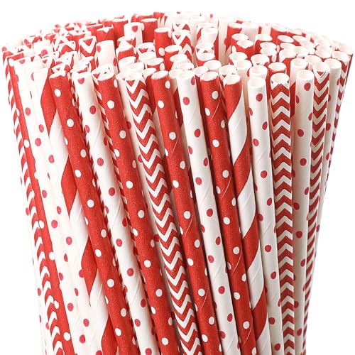 Christmas Paper Straws 500 Pcs - Red & White Stripe Dot, Holiday Party Supplies