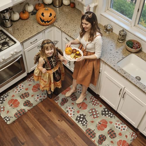 Pumpkin Checkered Fall Kitchen Mats Set of 2 Anti-Fatigue Cushioned Rugs