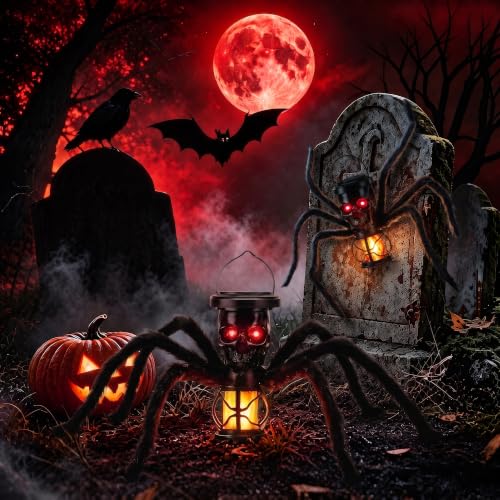 Halloween Skull Solar Lantern with Spider Legs - Orange, Flickering Flame Effect, Waterproof Outdoor Decor