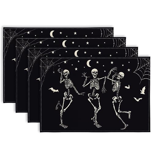 Halloween Dancing Skeletons Placemat Set - Black & White Table Mats, Heat Resistant & Non-Slip, 12x18 Inches