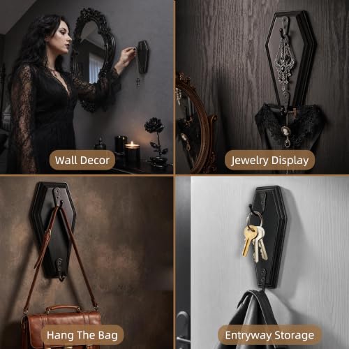 Gothic Coffin Wall Decor with 8 Hooks - Rustic Black Key Holder Set