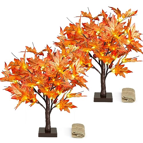 2-Pack 1.5ft Lighted Fall Maple Trees with 36 LEDs & Acorns - Battery Operated Tabletop Decor