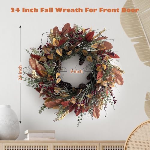 Fall Wreath for Front Door 24 Inch Artificial Red Broad Leaves Burgundy Berry