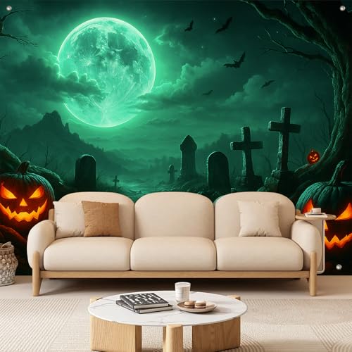 Halloween Backdrop Pumpkin Moon Scene 8x6ft - Spooky Cemetery & Full Moon - Variation of THIS listing