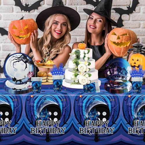 135Pcs Horror Birthday Party Decorations Blue Theme with Banner, Balloons, Plates, Napkins & Cake Toppers