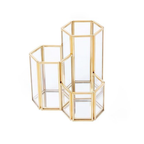 JIARI Glass Makeup Brush Holder, 3 Slots Gold Hexagon Cosmetics Organizer, Desktop Pen Pencil Pot for Office Home (Hexagon-3 Slot)