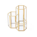JIARI Glass Makeup Brush Holder, 3 Slots Gold Hexagon Cosmetics Organizer, Desktop Pen Pencil Pot for Office Home (Hexagon-3 Slot)