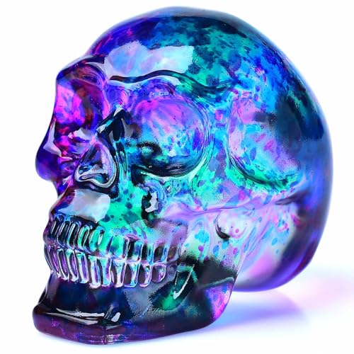 Crystal Skull Head Statue with Purple and Green Variations - Glass Figurine Home Decor