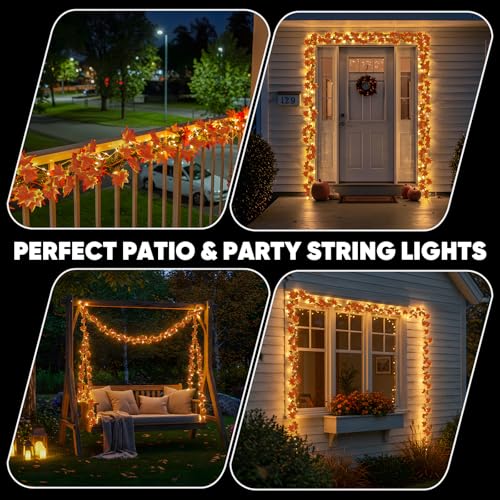 Fall Garland with 100 LED Lights - Battery Operated Copper Wire, Maple Variation