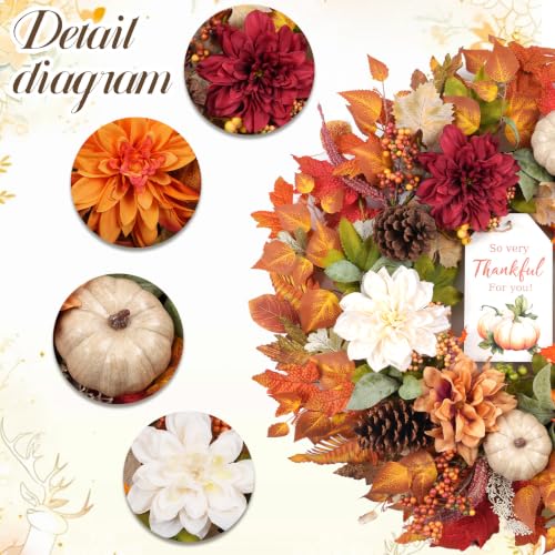 Fall Wreath for Front Door with Pumpkins Dahlias Pinecones Wood Sign - 24 Inch