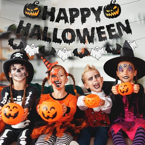 Black Glitter Halloween Banner with Pumpkin Ghost Bat Decorations - Party Wall Decor