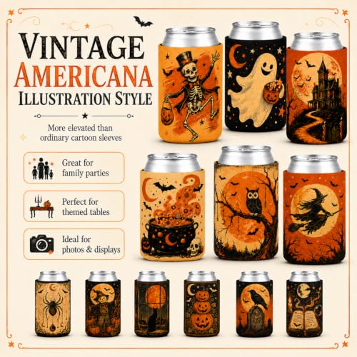 Halloween Can Cooler Sleeves Set - Vintage Skeleton, Ghost & Spooky Designs (DD)
