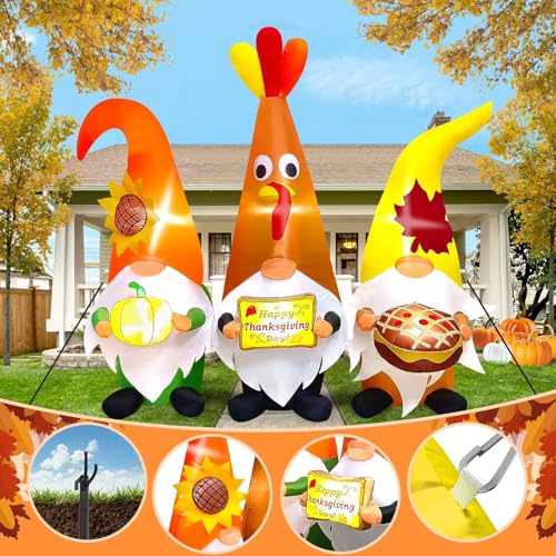 Thanksgiving Inflatable Gnome with LED Lights - Fall Yard Decoration, 7FT - Thanksgiving Day Outdoor Decor - Variation of Thanksgiving Three Gnome
