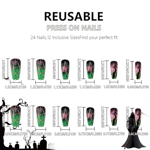 Halloween Green Gradient Fake Nails Set A7 - Coffin Shaped Glitter Tips with Spider Web Design, 24 Pcs