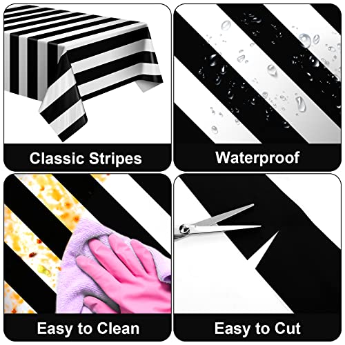 Black & White Striped Waterproof Disposable Tablecloths - 2 Pack, 54 x 108 Inches, Halloween Party Decor