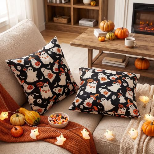 Halloween Ghost Pillow Covers - 20x20 Pack of 2, Playful Black Ghost Decor