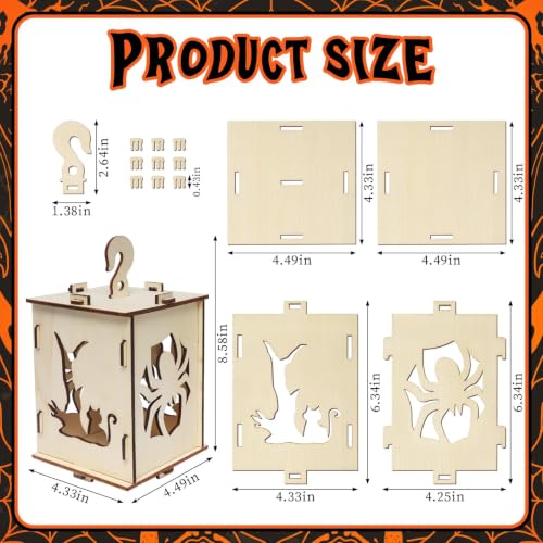 Halloween Wooden Lantern Box with Spooky Cat & Spider Cutouts - Rustic Candleholder Decor
