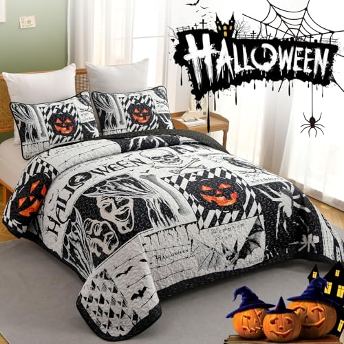 King Size Halloween Quilt Set Black Patchwork with Pumpkin Ghost Design - Luxudecor