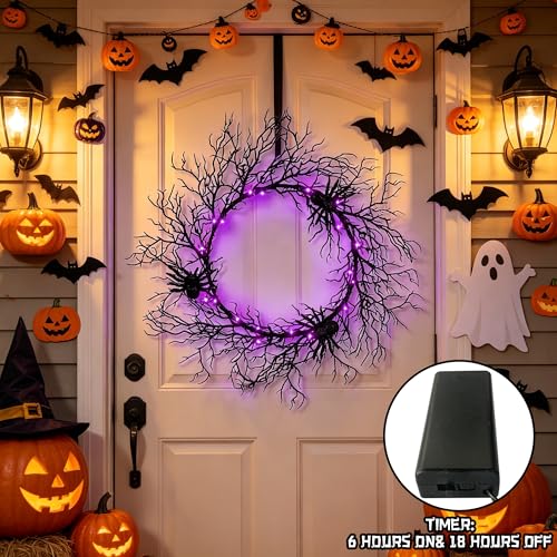 Adroiteet 24-inch Halloween Wreath with LED Lights, Spiders & Glitter Finish - Front Door & Outdoor Decor - Variation 1
