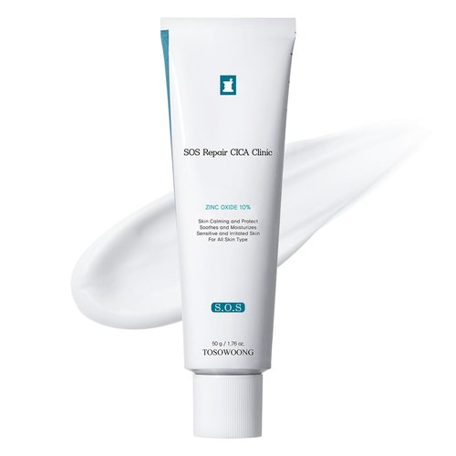 TOSOWOONG SOS Repair CICA Clinic Zinc Cream, 100,000ppm Zinc Oxide, Heal, Soothe Acne, Redness, Rosacea Treatment, Skin Barrier Repair, Moisture, Non-Comedogenic, Korean Skincare, 50g, 1.76 oz.