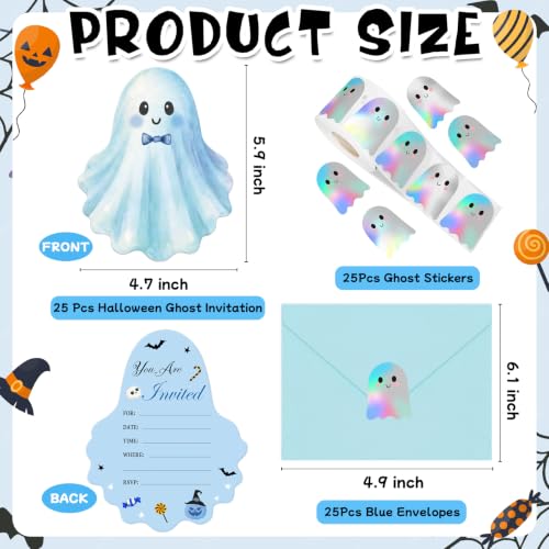 Blue Ghost Halloween Invitations Card Set - 25 Pack with Envelopes & Stickers