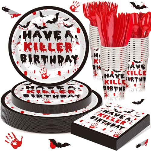Scary Horror Birthday Party Supplies Set - Blood & Handprint Tableware, 48 Plates, Cups, Napkins & Utensils - Have a Killer Theme