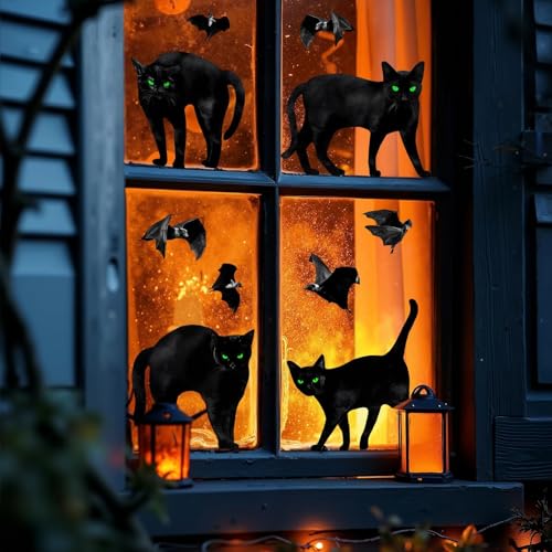 Halloween Window Clings Decor Set - 6 Large Silhouette Bats Cats Spiders