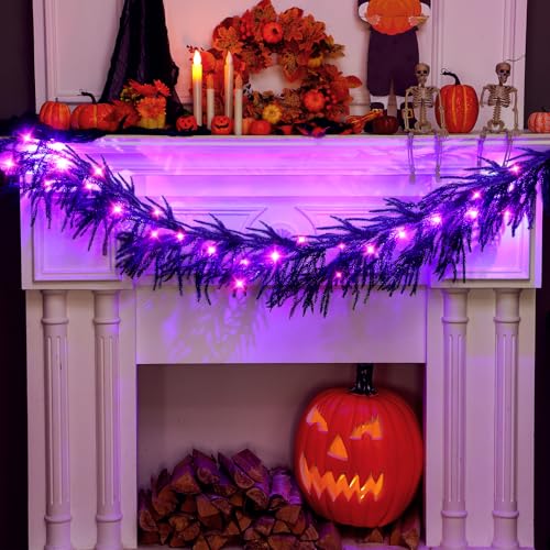 Halloween Black Leave Garland with Lights 6ft Indoor Outdoor Decor