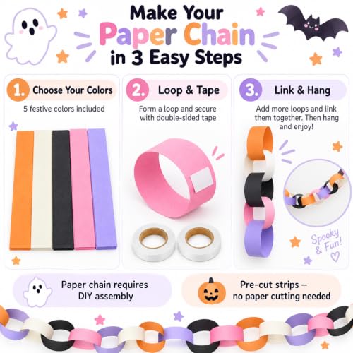 Halloween Paper Chain Garland - Pastel Pink Purple, 1 x 8 Inches, 500 Strips & Decorations