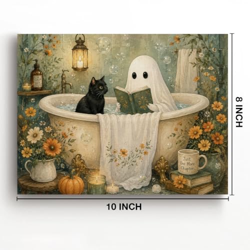 Halloween Bathroom Wall Art Decor H19 Spooky Ghost Black Cat Bathtub Canvas Wall Decoration